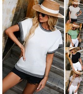 [Hot Item] Summer Women O-Neck Short Sleeve Solid Color Knit Pullover Sweater