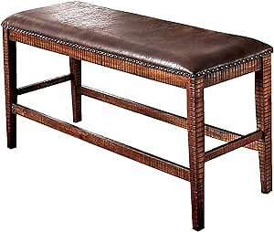 Benjara, Brown Wood and Faux Leather Counter Height Bench with Nailhead Trims