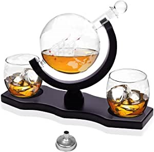 Whiskey Decanter Set with 2 Etched Whiskey Glasses, Globe Liquor Decanter, 850ml, for Liquor, Scotch, Bourbon, Vodka