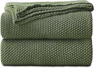 Longhui bedding Olive Green Cotton Cable Knit Throw Blanket for Couch Sofa Bed, Home Decorative Lightweight Knitted Blankets with Bonus Laundering Bag, 50“ x 60”, Machine Washable