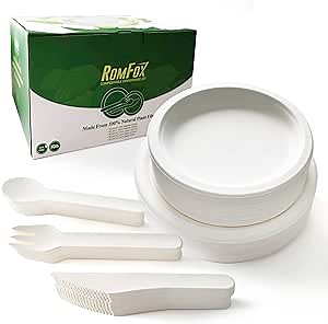 250 Piece Compostable Paper Plates Set, Natural Disposable Bagasse Plate Set, Biodegradable Paper Utensils, Plates, Forks, Knives, Spoons, 50 Guests for Party Camping Birthday BBQ