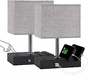 aooshine Set of USB Touch Table Lamp with Steplessly-Dimmable Function, Dual USB Small Bedside Lamp with Two Slots, Including G45-E26-2700K Low Voltage Bulb, Suitable for Bedroom, Living Room