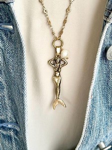 Brass Mermaid Pendant Necklace: Gold Plated Gear Chain, Thorn Pearl - Etsy