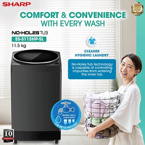 No-Holes Tub Washing Machine Discover the future of laundry with Sharp's No-Holes Tub Washing Machine, featuring innovative technology for efficient and gentle cleaning. Say goodbye to damaged fabric threads caused by friction against holes and keep impurities out of the inner tub. This model provides an extraordinarily convenient laundry experience that protects your clothes while saving up to 30% of water. Trust Sharp's No-Holes Tub Washing Machine to deliver superior results with gentle care 