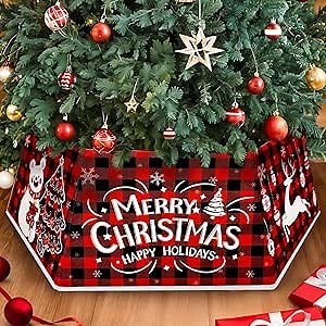 AerWo 26in Christmas Tree Collar for Pencial Tree, Red Buffalo Plaid Christmas Tree Base Cover, Hexagon Collapsible Tree Ring Double Sided Use Christmas Tree Skirt for Xmas Tree Decorations