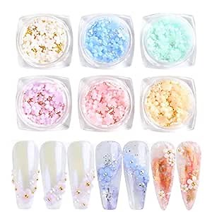 6 Box 3D Flower Nail Art Charms, Acrylic Flowers Nail Rhinestone with Gold & Silver Beads Ornaments Nail Gems Nail Accessories for Girls Women DIY Nail Design Craft Decoration