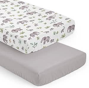 Sweet Jojo Designs Watercolor Elephants Boy Girl Gender Neutral Baby Fitted Crib Sheet Set Infant Newborn Nursery Toddler Bed Room Standard Mattress 2p Solid Grey and Green Jungle Safari Trees Nature