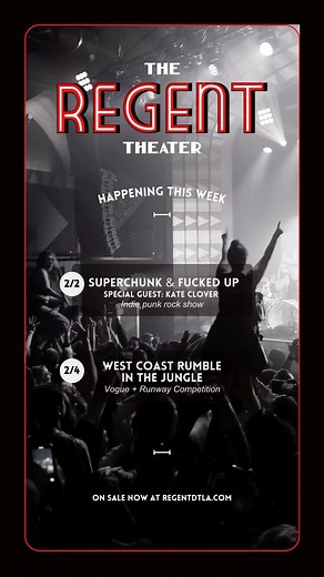 Ready to cap off the weekend with a bang?💥 We’re setting the stage for two epic events at The Regent: ☞ Friday, 2/2 | Superchunk & Fucked Up ☞ Sunday, 2/4 | West Coast Rumble in the Jungle Get tickets at regentdtla.com 🎫 | The Regent