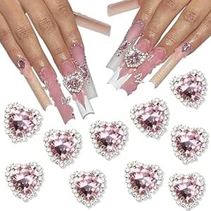 12mm Heart Nail Art Charms - 10pcs 3D Crystal Rhinestones Pink Shiny Flatback Diamond Nail Gems Button Embellishment for DIY Clothing Crafting Jewelry Making