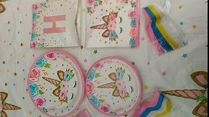 Unicorn Themed Party Supplies Set, Unicorn Cake Plates,Cups, Napkins, Tablecloth, Straws & Decoration, Paper Disposable Tableware Set for Girls Children Birthday Party, Serves 16 Guests