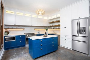 [Hot Item] Dark blue Recessed Panel White Shaker with Knob Handle Open Shelf Kitchen Cabinets
