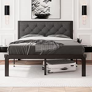 Feonase Queen Size Metal Bed Frame, Heavy-Duty Platform Bed Frame with Linen Upholstered Headboard, 12" Storage Spaec, Steel Slats Support, No Box Spring Needed, Gray