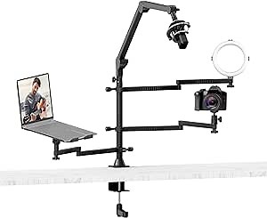 Camera Arm Desk Stand Mount - LS21 Desktop Overhead Camera Mount Flexible Microphone Boom Arm + Laptop Stand Mount + 2 Extension Magic Arm for Webcam DSLR Ring Light Laptop Mic