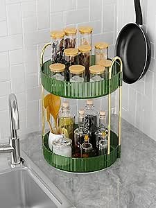 Kitchen Rotating Storage Rack Makeup Organizer, 360 Degree Rotating Cosmetics Storage Organizer Shelf Countertop 2 Tiers Large Capacity for Cosmetics, Perfume, Skin Care, Lipsticks - Green