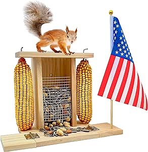 Squirrel Feeders for Outside, Squirrel House Box Corn Cob Holders Wooden Squirrel Picnic Table Feeder with Roof, Durable Chipmunk Squirrel Feeding Stations Garden Decor