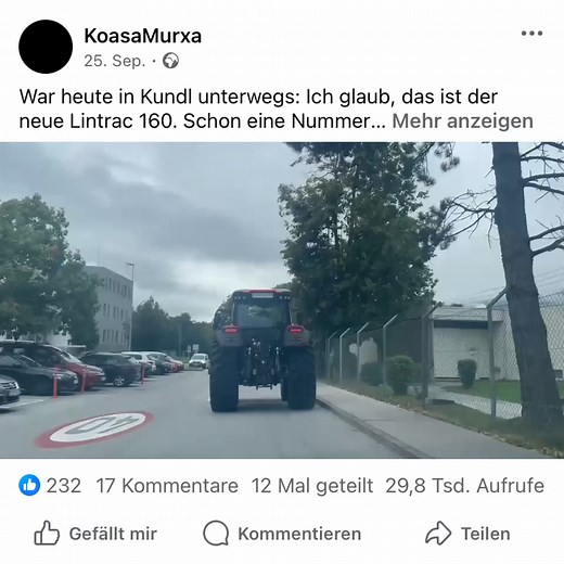 🚜 ERWISCHT! Ja, letzte Woche war unser neues Topmodell – der Lintrac 160 LDrive 🚜– bereits auf der Straße zum ersten Fototermin 📸 unterwegs und wurde dabei leider gleich von einer Kamera eingefangen 🎥. Beim nächsten Mal starten wir erst bei Dunkelheit. 😉 👉 Bleibt gespannt: Vom 16. bis 18. Oktober 2025 präsentieren wir den Lintrac 160 offiziell bei unserer Werksausstellung im Lindner Innovationszentrum 💡 in Kundl. Schaut vorbei und erlebt den wendigsten Traktor seiner Leistungsklasse 🤩 er