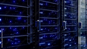 Modern interior server room data center. Connection and cyber network in dark servers. Backup, mining, hosting, mainframe, farm, cloud and computer rack with storage information. 4K UHD 3d animation