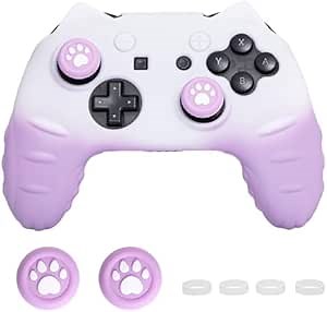 Switch Pro Controller Case - Purple White Cat Ear Silicone Skin with Thumb Grip Caps, Stickers and Joystick Protectors - Cute Soft Protective Cover for Nintendo Switch Pro Gamers