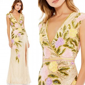 Mac Duggal New Floral Beaded Sequin Embellished Front Slit Dress in Nude Multi 4