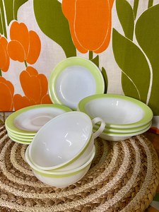 Vintage Pyrex Lime Band Milk Glass Set | 4 Saucers, 3 Bowls, 2 Teacups, 1 Side Plate | Mid-century MCM | Retro Tableware - Etsy Canada