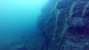 Freediver Exploring a side of a Underwater Cliff into a Quarry