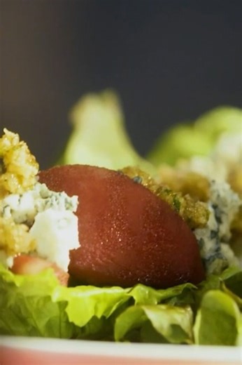 Poached pear and Roquefort salad with port vinaigrette