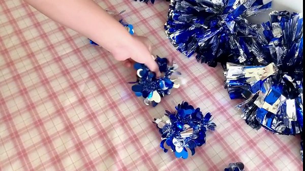 8 Pcs Cheerleading Pom Poms for Kids Adults-Blue Metallic Foil Cheer Headdress for Girl and Fluffy Cheering Squad Pompoms for Sporting Events Basketball Football Cheerleader Dance
