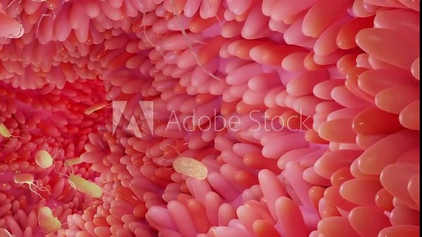 microvilli surface of digestive system, Intestinal villi with bacteria and viruses. Microscopic villi, capillaries for digestion and absorption of food. Human intestine. H. pylori, 3d render