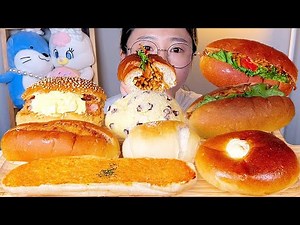SUB) Japanese bakery breads Eating Show. Dessert Mukbang