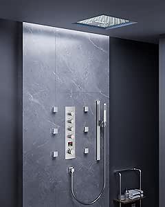 16" LED Mood Lighting Shower System, Ceiling Mount Thermostatic Shower System with Valve (Brushed Nickel)