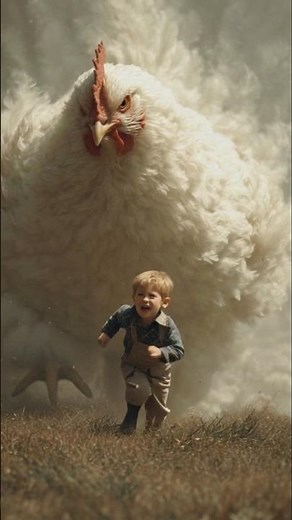 A boy runs scared because he is being chased by a giant chicken #video #viral #ai #unique #strange
