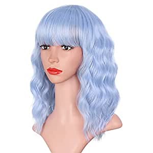 ENTRANCED STYLES Light Blue Wig with Bangs, Short Wavy Bob Wig for Women Colorful Wigs Shoulder Length Heat Resistant Synthetic Wig Cosplay Party Christmas Wig for Girl 14 inch