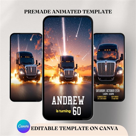Truck Birthday Video Invite, Editable Adult Mens Party Invite, Canva Invitation, Instant Download - Etsy