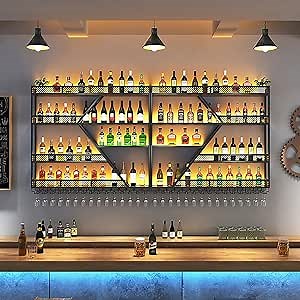 Industrial Wall Mounted Wine Rack with Glass Holder, Metal Hanging Wine Shelf for Liquor Bottles & Stemware, Modern Bar Display Shelves with LED Light for Home Kitchen Restaurant Decor