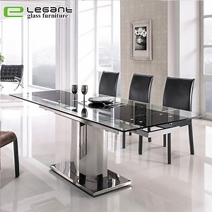 [Hot Item] Extendable Glass Dinner Table with Stainless Steel Base