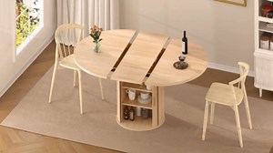 DHH 47"-63" Extendable Round Dining Table for 4–8 with Storage, Mid Century Modern Farmhouse Wood Oval Dinner Table with Pedestal Base for Kitchen, Living Room (Natural Wood)