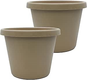 The HC Companies 24 Inch Prima Round Planter Pots with Drainage Holes and Rolled Rim, Lightweight UV-Resistant Plastic Indoor & Outdoor Planters, 2-Pack Flower Pots for Garden & Home Decor, Sandstone