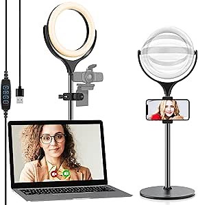Video Conference Lighting Computer Ring Light - Webcam Laptop Light Ring for Zoom Meetings, Video Recording, Desktop Circle Ring Light with Stand & Phone Holder, Zoom Lighting for Computer