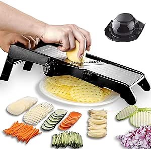 Mandoline Slicer – Adjustable Thickness Vegetable Mandolin, Fruit Potato Slicer, French Fries Cutter, Food Waffle,Julienne Grater– Sharp Stainless Steel Blades(black)