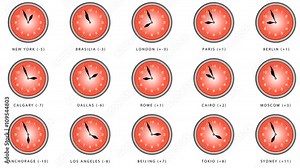Time zone world. Time zone world time lapse. Map of world time zones and clock. World map with major cities names and country borders. Time zone clocks showing different time