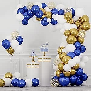 RUBFAC 142pcs Royal Blue Gold Balloon Garland Arch Kit, Royal Blue and Gold White Balloons for Graduation Birthday Baby Shower Party Decorations