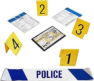 Kobe1 Police Crime Scene Kit:Police Barrier Tape (20ft),Tamper Proof Evidence Collection Bags (x2),Photo Evidence Markers Frames Tents.Cards:1 to 4 (6"x4").