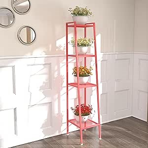 4 Tier Ladder Shelf - Metal Frame Red Storage Shelves Display - Multipurpose Open Rack for Living Room, Bedroom, and Home Office