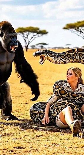 Gorilla Saves Woman from Giant Python Attack #gorilla #python #wildlife