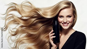 Long Shiny Blonde Hair Flowing Woman Smiling with Hair Care Bottle for Healthy Hair