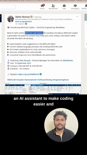 CS Electrical and Electronics on Instagram: "🤖 Discover MATLAB Copilot – GenAI for Engineering Workflows Looking to boost your MATLAB coding speed and accuracy? Join this webinar to explore MATLAB Copilot, a generative AI assistant built right into the MATLAB desktop. It helps you write, debug, and understand code faster, while also generating tests and providing trusted insights from MathWorks documentation. ✨ Key highlights: ➤ Smart autocomplete in MATLAB Editor ➤ Turn natural language into M