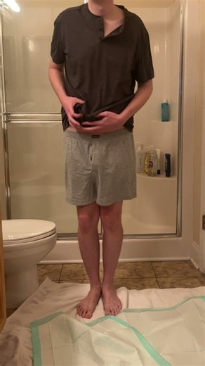 Pants pissing (male): He tries to hold it, desperately pees himself