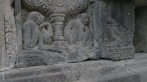 Bas relief and carved pattern at the Hindu Prambanan temple, in Indonesia