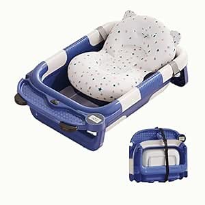 Collapsible Baby Bathtub for Newborn,Foldable Baby Tub with Soft Cushion & Thermometer for Infants to Toddler 0-24 Months,Portable Travel Bathtub with Drain Hole (Blue)