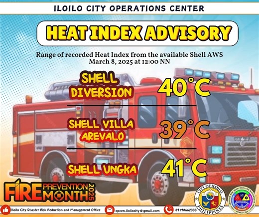 03-08-2025 퐈퐋퐎퐈퐋퐎 퐂퐈퐓퐘 퐎퐏퐄퐑퐀퐓퐈퐎퐍퐒 퐂퐄퐍퐓퐄퐑 퐀퐃퐕퐈퐒퐎퐑퐘 Heat Index recorded by Manila Observatory/Shell AWS Shell AWS from various areas recorded at 39°C - 41°C Heat Index as of March 08, 2025 at 12:00 NN Stay safe and hydrated! 혚혰혶혳혤혦: 혞혦혢혵혩혦혳혭혪혯혬 | Iloilo City Disaster Risk Reduction and Management Office | Facebook